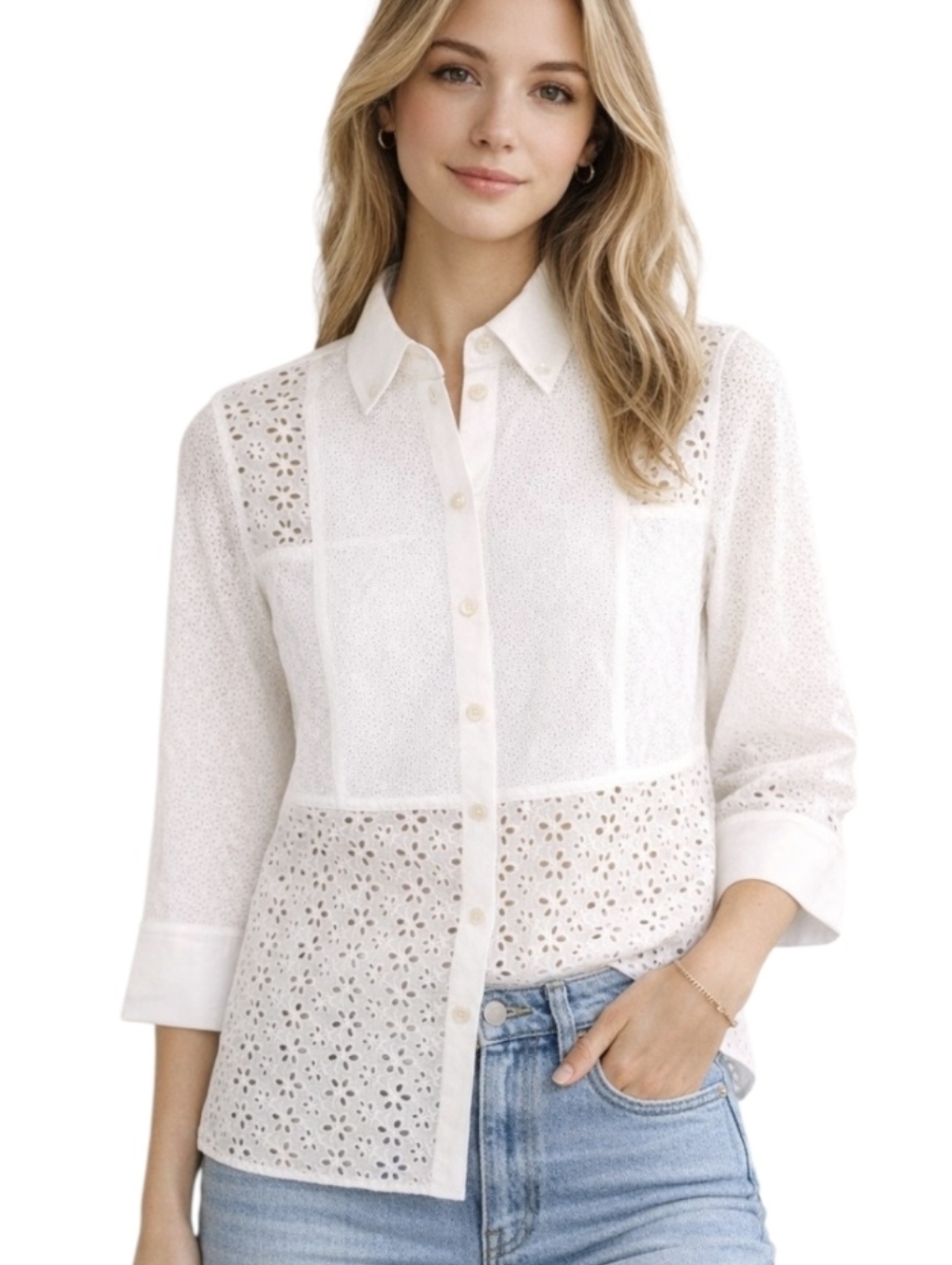 Tory Burch Cream & White Eyelet Lace Femine Button-Up Blouse Romantic Size 6